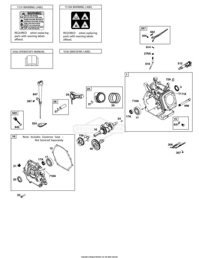 Camshaft, Crankcase Cover, Crankshaft, Cylinder, Lubrication, Operator's Manual, Piston/Rings/Connecting Rod, Warning Label