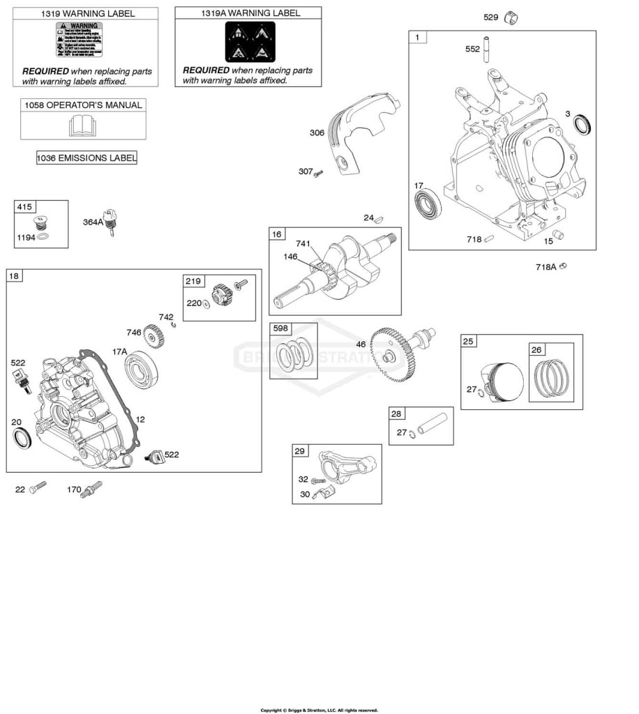 Camshaft, Crankcase Cover, Crankshaft, Cylinder, Lubrication, Operator's Manual, Piston/Rings/Connecting Rod, Warning Label