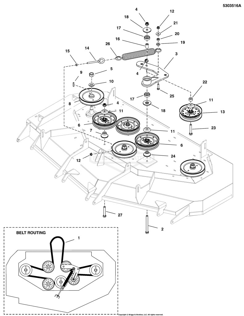 61 Mower Deck Group - Pulleys, Belt, & Idler Arm (5303516A)