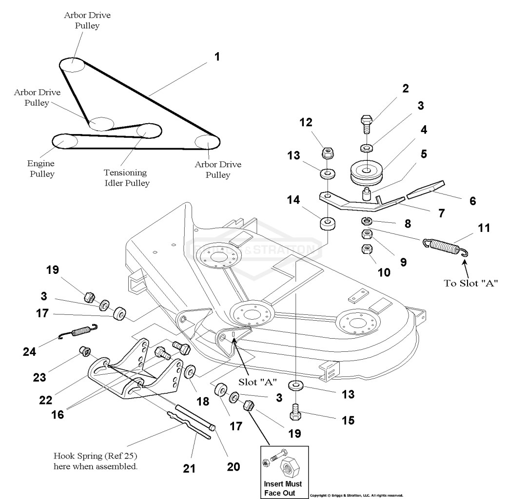 44 Mower Deck - Belt, Idler Arm & Hitch Group