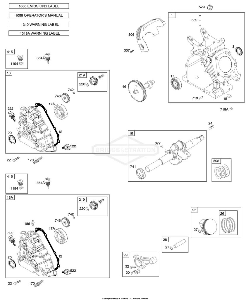 Camshaft, Crankcase Cover, Crankshaft, Cylinder, Lubrication, Operator's Manual, Piston/Rings/Connecting Rod, Warning Label