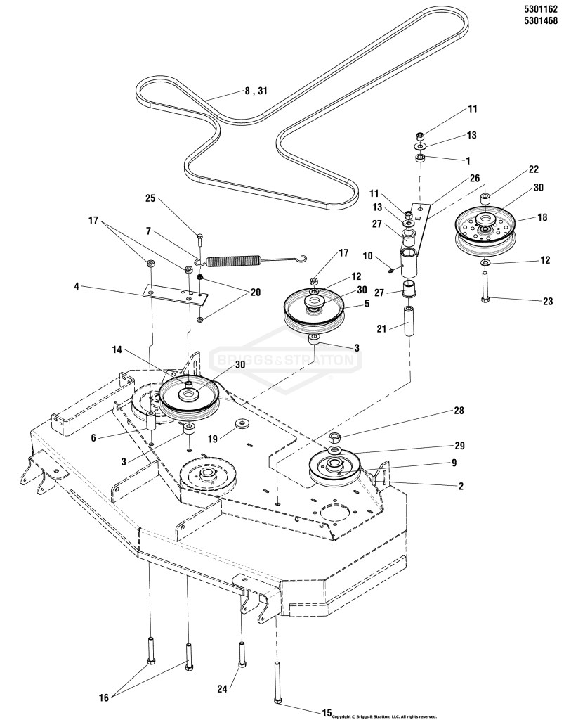 44 & 48 Mower Deck - Pulleys, Belts & Idler Arm Group