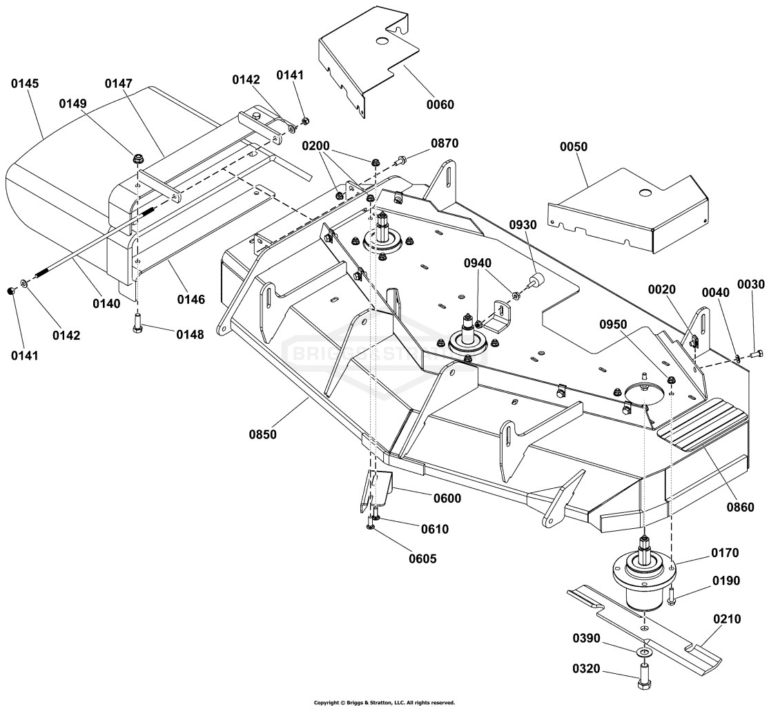 44 Mower Deck Group - Housing, Covers, Spindles & Blades
