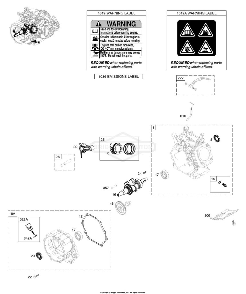 Camshaft, Crankcase Cover, Crankshaft, Cylinder, Piston/Rings/Connecting Rod, Warning Label