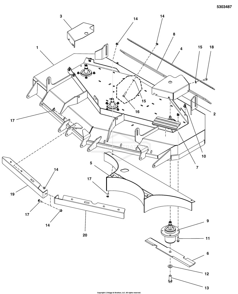 52 Mower Deck - Housing, Covers, Spindles & Blades (Rear Discharge)