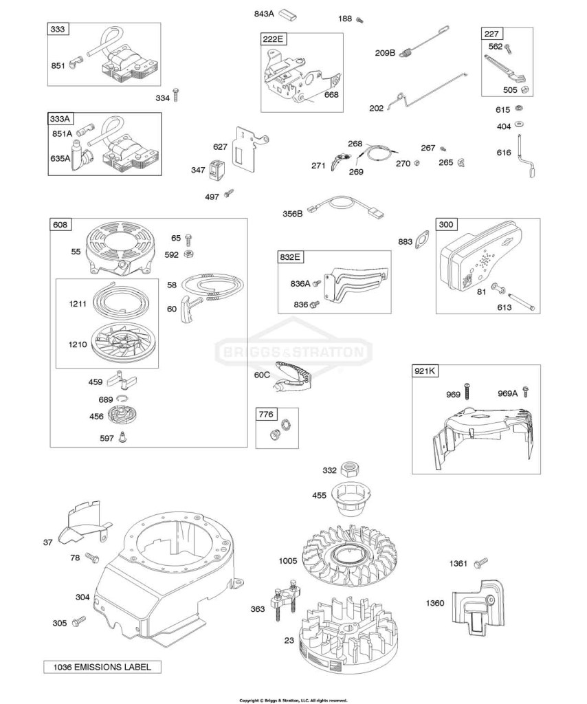 Blower Housing/Shrouds, Controls, Electrical, Exhaust System, Flywheel, Governor Spring, Ignition, Rewind Starter