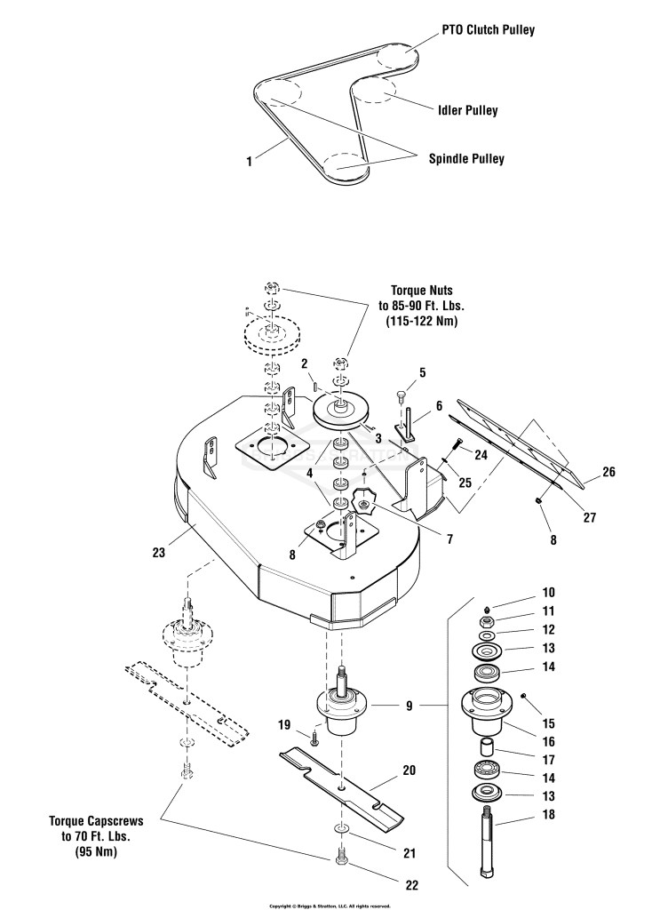 32 Rear Discharge Mower Deck - Housing, Spindles, Blades & Pulleys Group