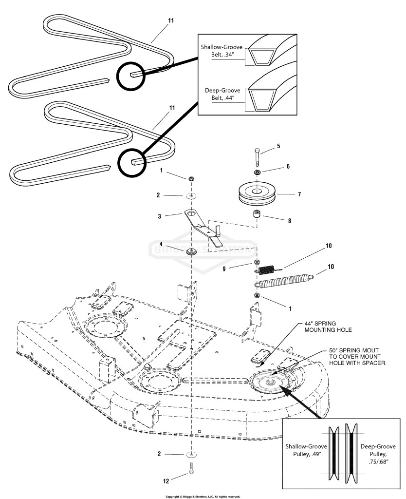 44 & 50 Mower Deck - Belt, Idler Arm & Hitch Group