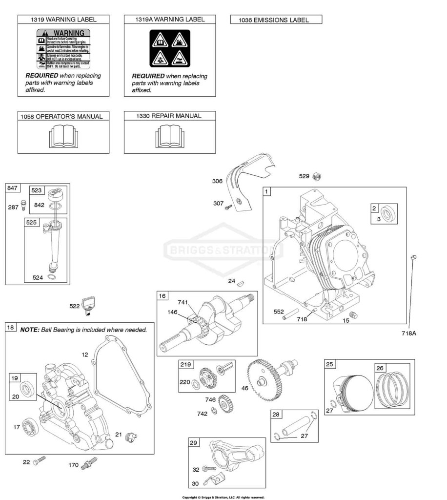 Camshaft, Crankcase Cover, Crankshaft, Cylinder, Lubrication, Operator's Manual, Piston/Rings/Connecting Rod, Warning Label