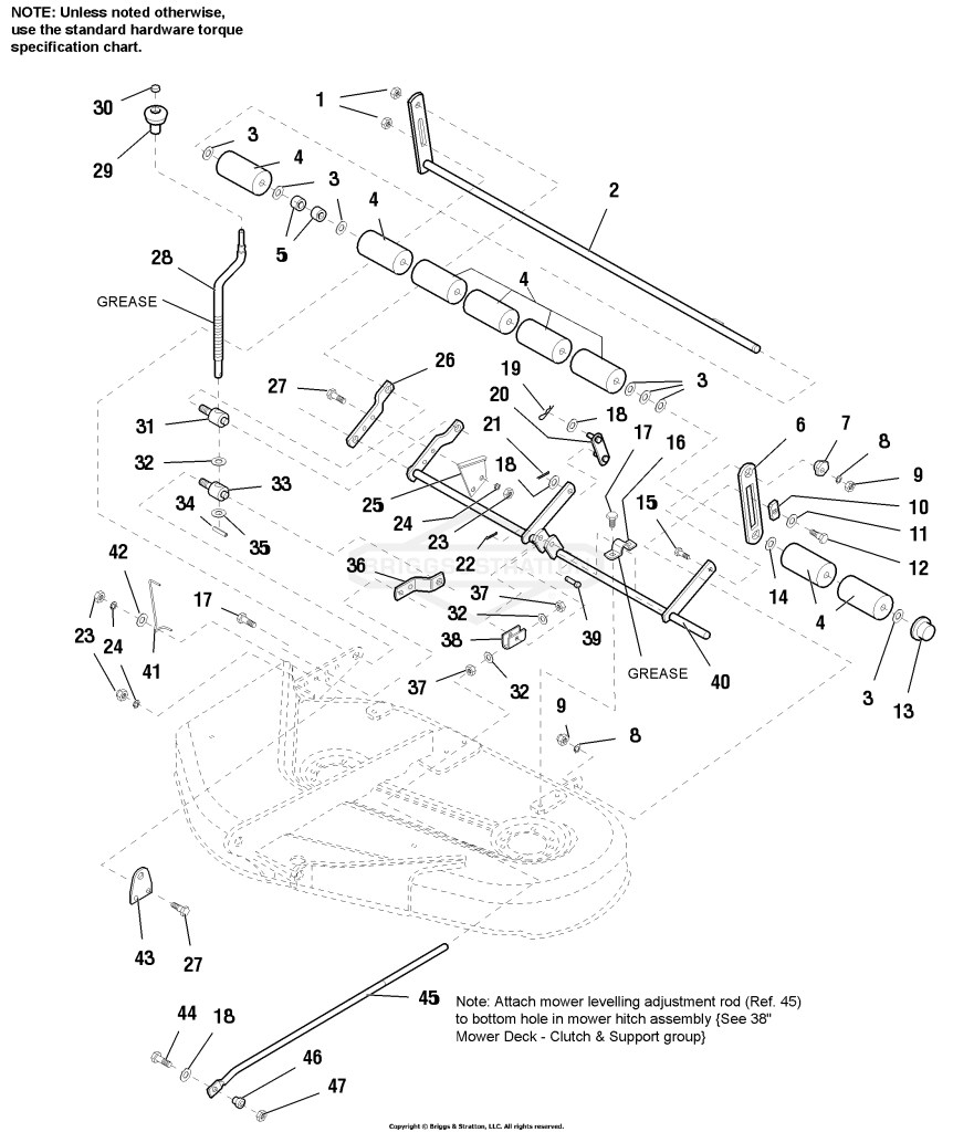 38 Mower Deck - Height Adjustment & Roller Bar Group