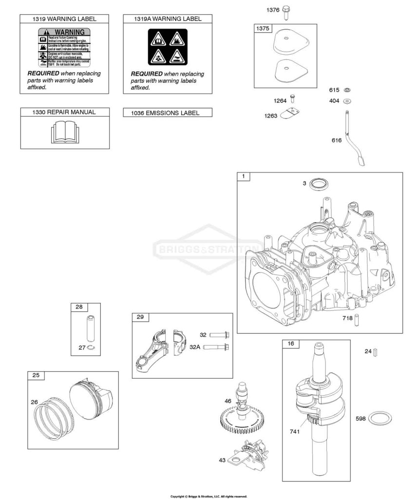 Camshaft, Crankshaft, Cylinder, Operator's Manual, Piston/Rings/Connecting Rod, Warning Label
