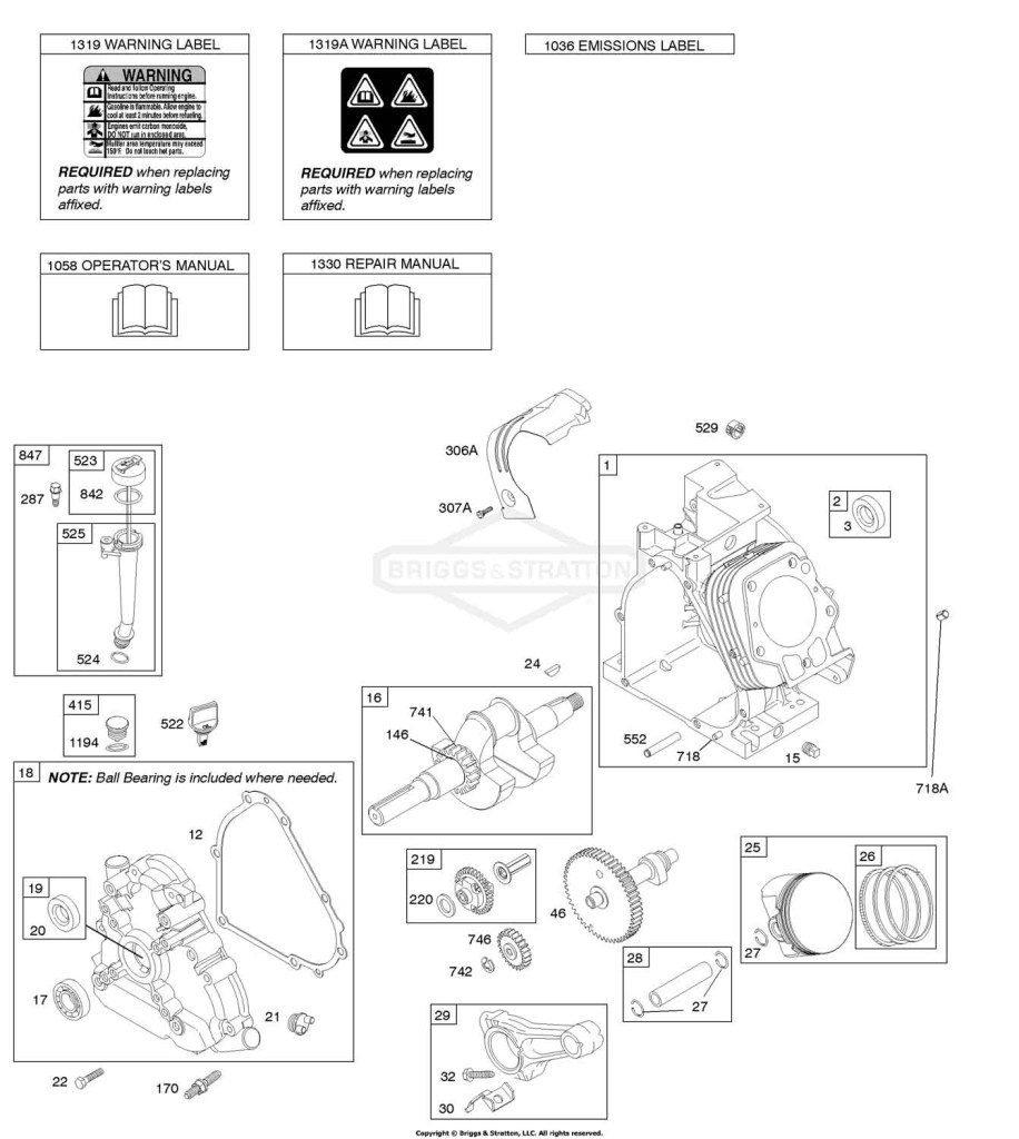Camshaft, Crankcase Cover, Crankshaft, Cylinder, Lubrication, Operator's Manual, Piston/Rings/Connecting Rod, Warning Label