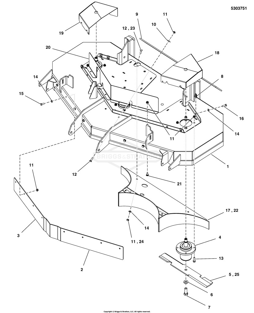 52 Mower Deck - Housing, Covers, Spindles, & Blades (Rear Discharge) S/N: 2017753321 & Below