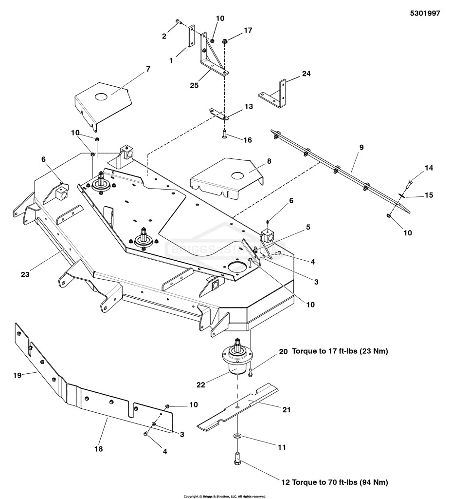 52 Mower Deck - Housing, Covers, Spindles & Blades - Rear Discharge - Export