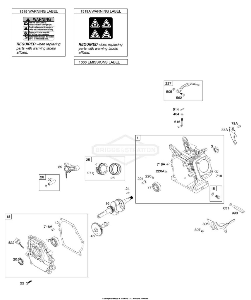 Camshaft, Crankcase Cover, Crankshaft, Cylinder, Operator's Manual, Piston/Rings/Connecting Rod, Warning Label