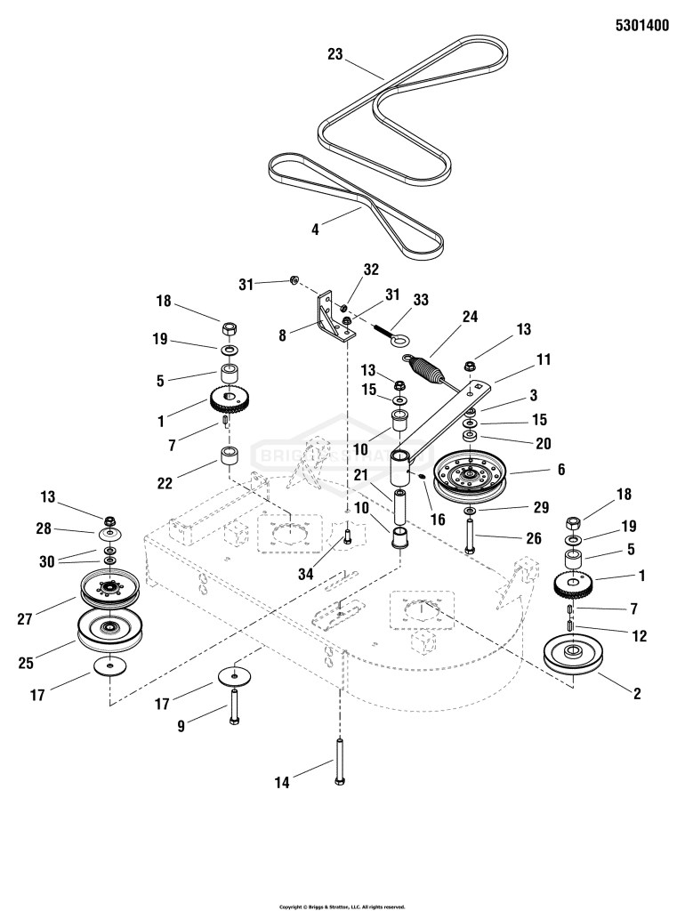 36 Mower Deck - Pulleys, Belts & Idler Arm - Timed Side Discharge
