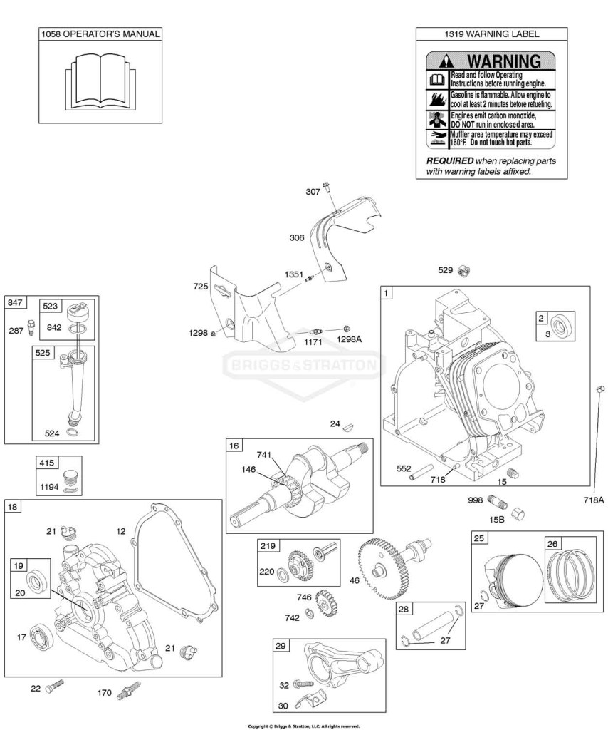 Camshaft, Crankcase Cover, Crankshaft, Cylinder, Lubrication, Operator's Manual, Piston/Rings/Connecting Rod, Warning Label