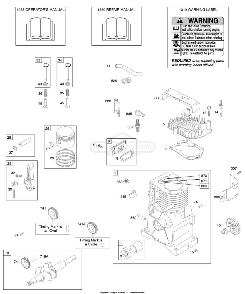 Camshaft, Crankshaft, Cylinder, Cylinder Head, Operator's Manual, Warning Label, Piston/Rings/Connecting Rod