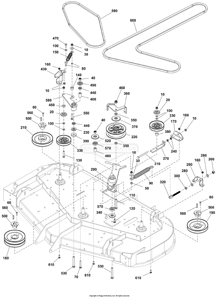 60 Mower Deck Group - Pulleys, Belts, and Idler Arm