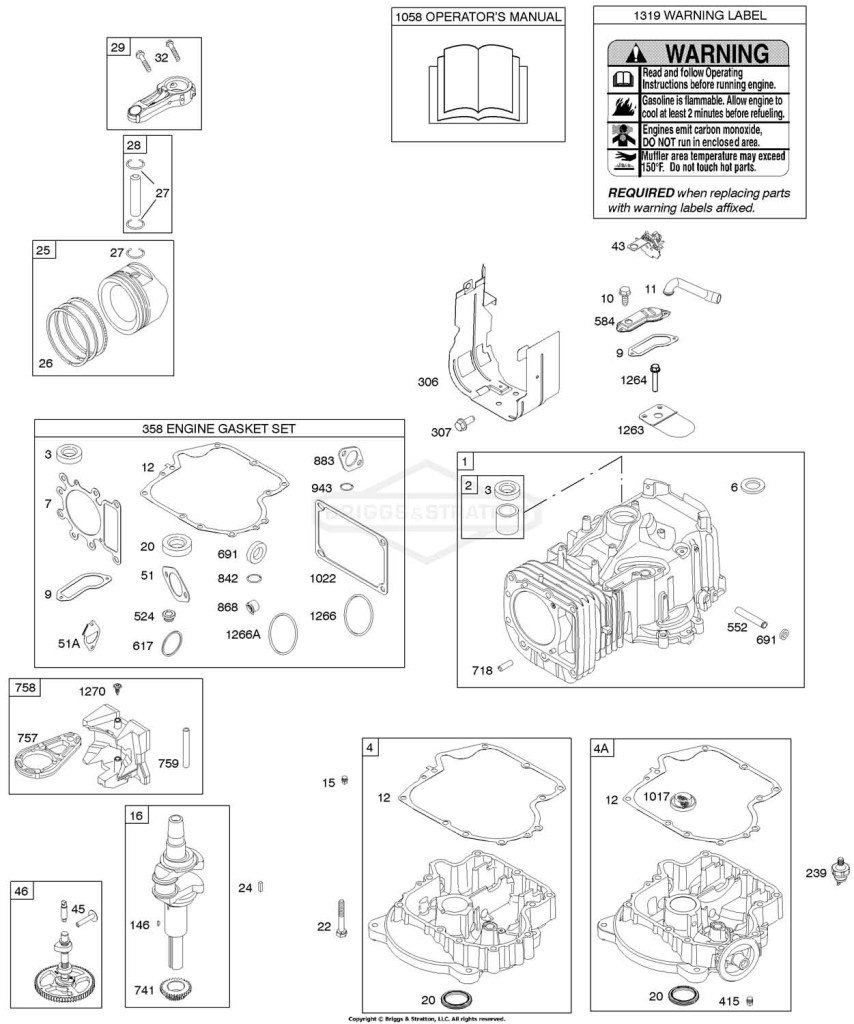 Camshaft, Crankshaft, Cylinder, Engine Sump, Gasket Set - Engine, Operator's Manual, Piston, Rings, Connecting Rod, Warning Label