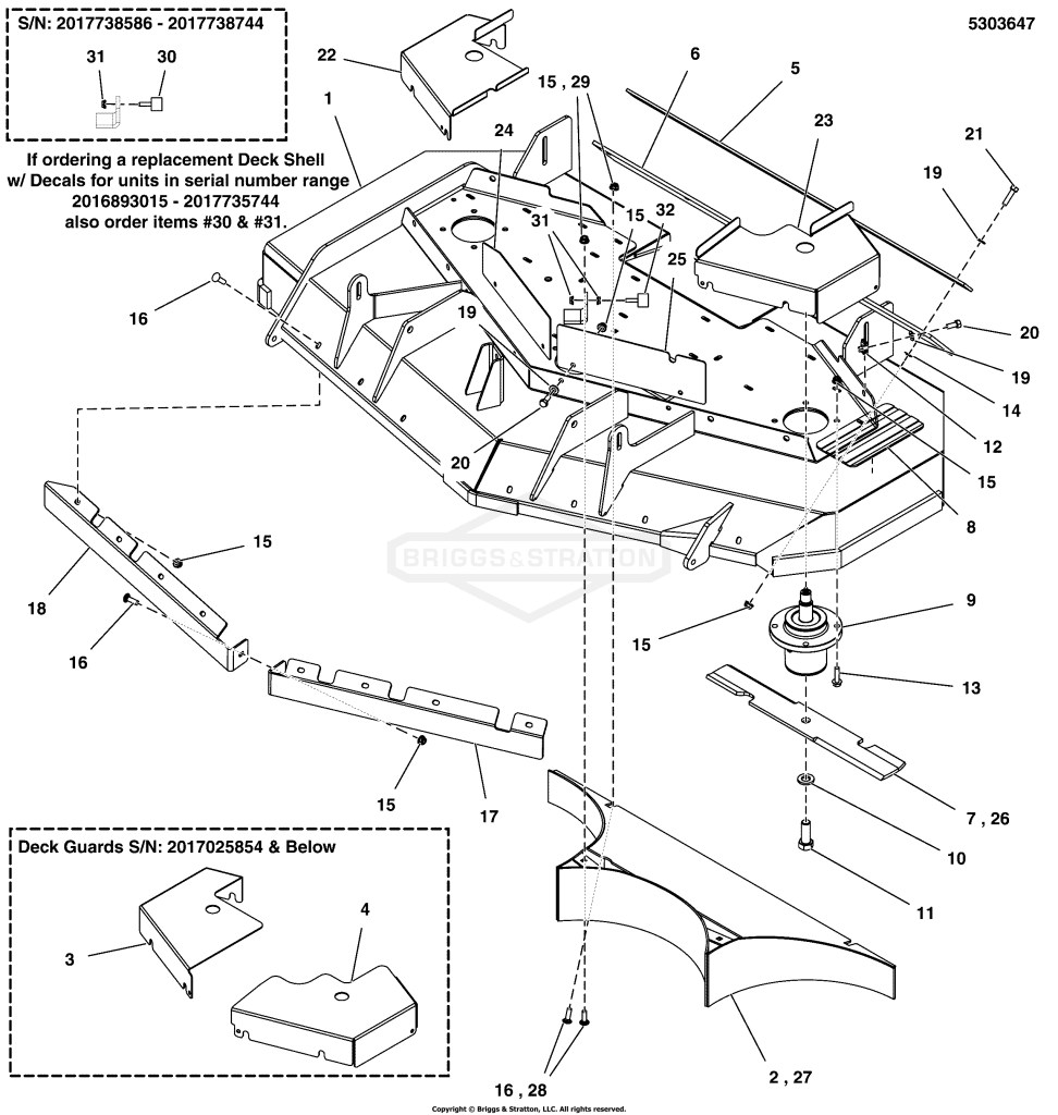 52 Mower Deck - Housing, Covers, Spindles & Blades - Rear Discharge