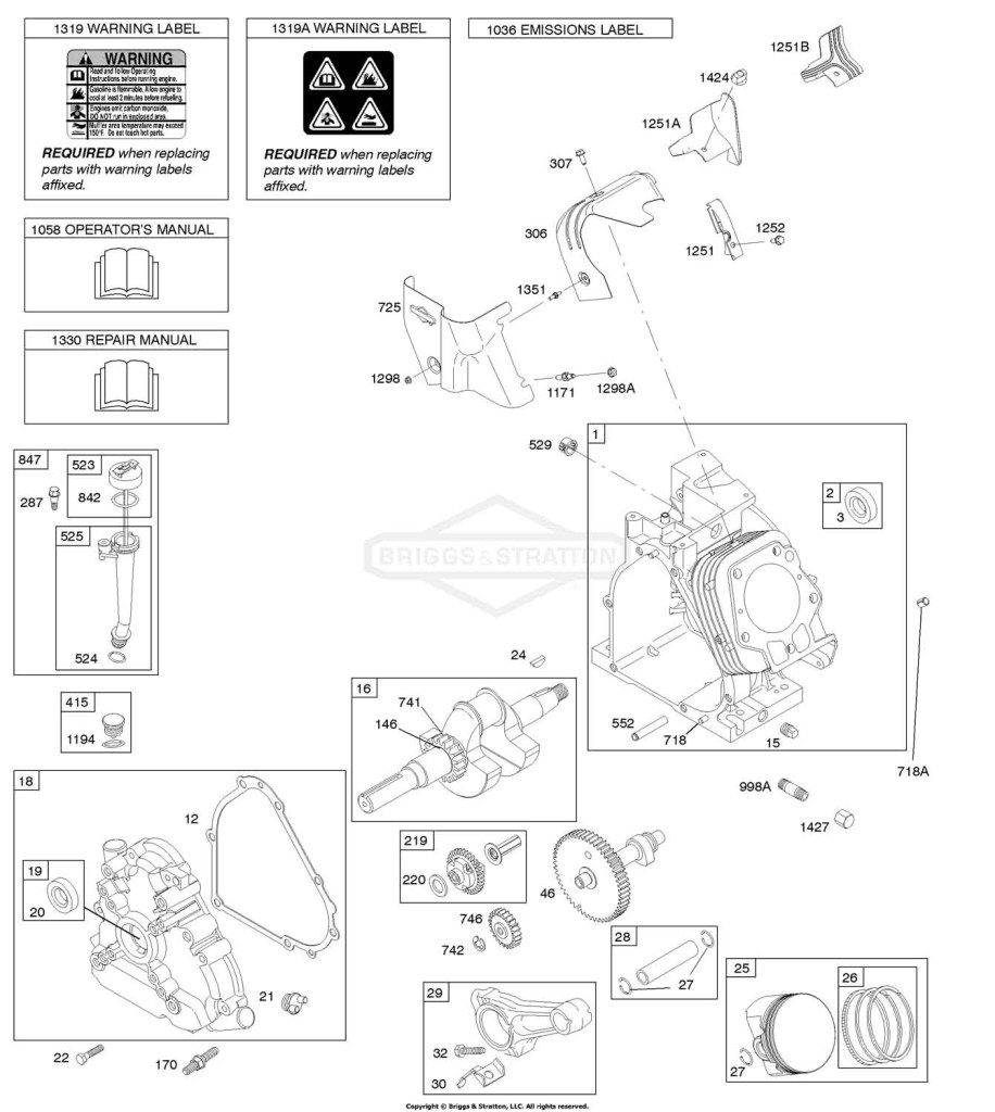 Camshaft, Crankcase Cover, Crankshaft, Cylinder, Lubrication, Operator's Manual, Piston/Rings/Connecting Rod, Warning Label