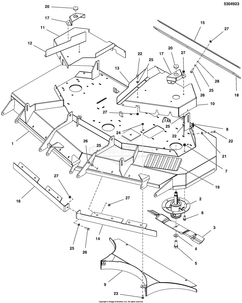 61 Mower Deck - Housing, Covers, Spindles & Blades (Rear Discharge)