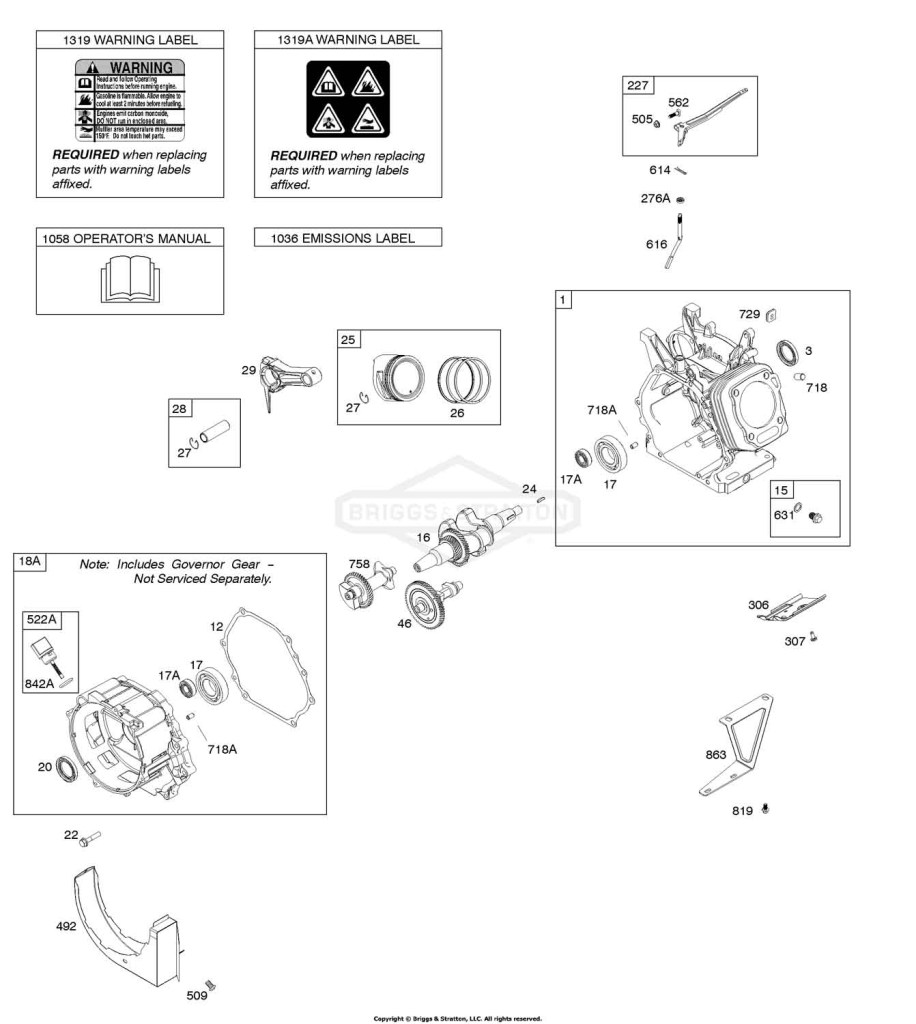 Camshaft, Crankcase Cover, Crankshaft, Cylinder, Exhaust Bracket, Operator's Manual, Piston/Rings/Connecting Rod, Warning Label