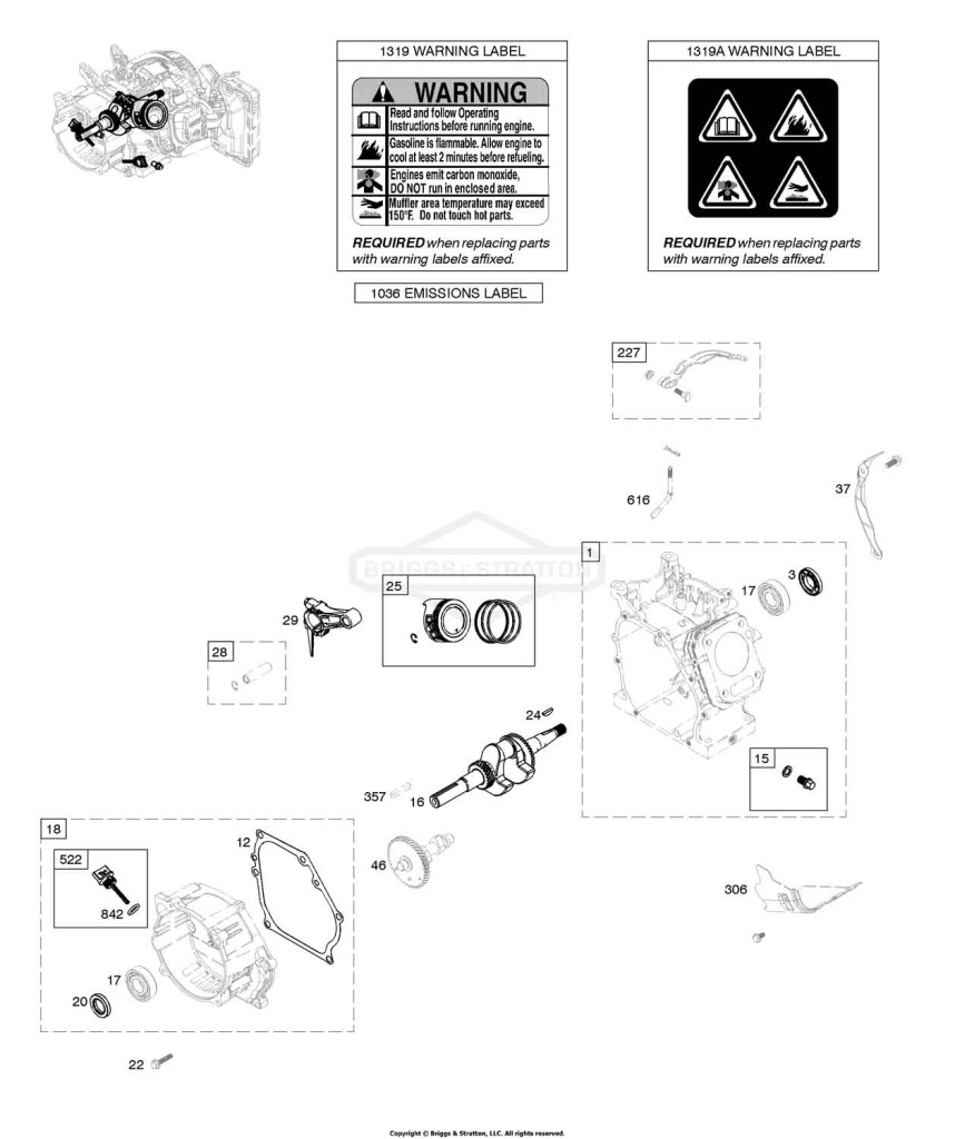 Camshaft, Crankcase Cover, Crankshaft, Cylinder, Piston/Rings/Connecting Rod, Warning Label