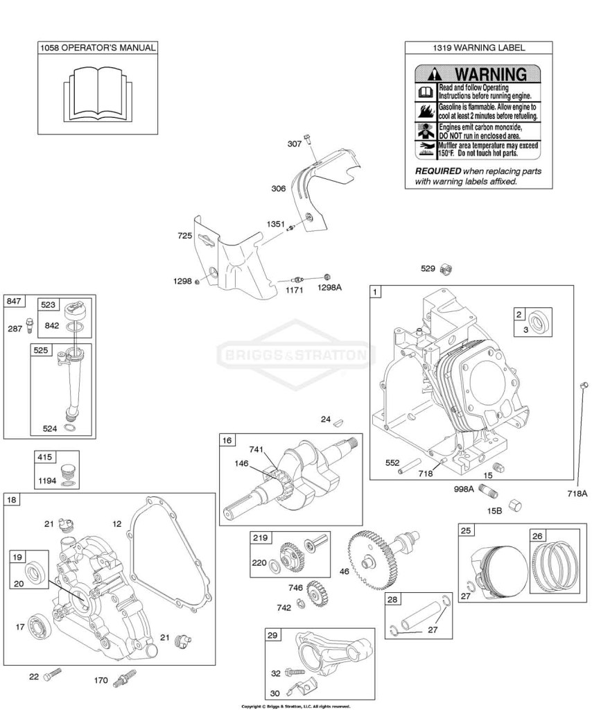 Camshaft, Crankcase Cover, Crankshaft, Cylinder, Lubrication, Operator's Manual, Piston/Rings/Connecting Rod, Warning Label