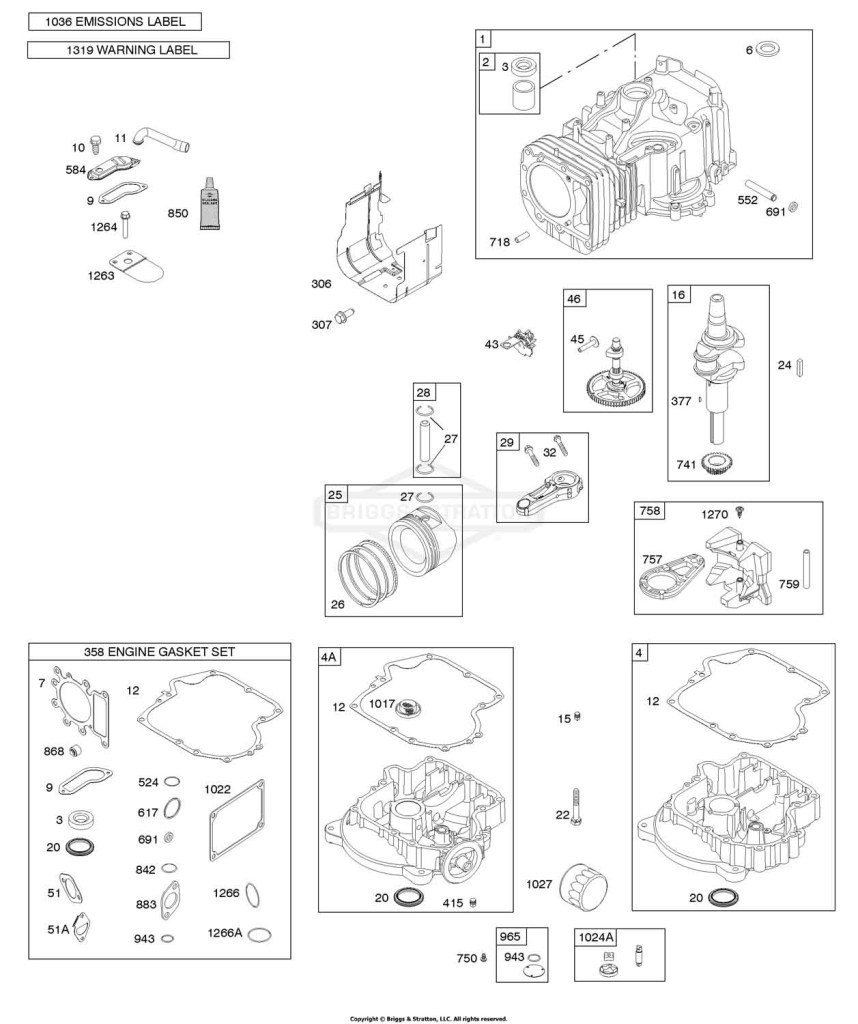 Camshaft, Crankshaft, Cylinder, Engine Sump, Gasket Set - Engine, Operator's Manual, Piston, Rings, Connecting Rod, Warning Label