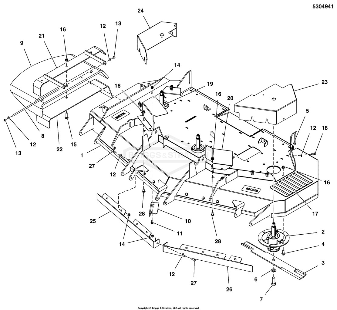 61 Mower Deck - Housing, Covers, Spindles & Blades (Rear Discharge)