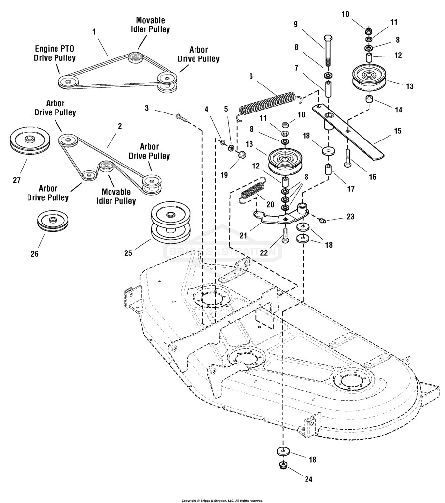 54 Mower Deck - Belt, Idler Arm & Hitch Group