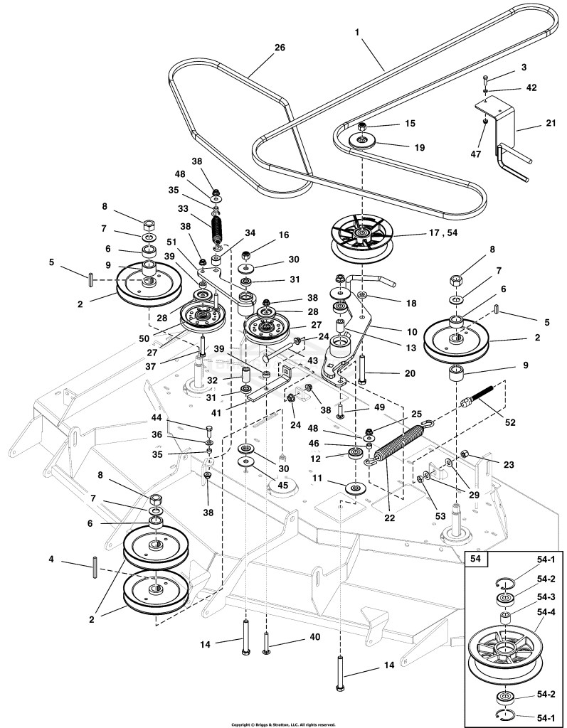 52 Mower Deck Group - Pulleys, Belts, and Idler Arms (2 Belt System) S/N: 4002179791 and Below