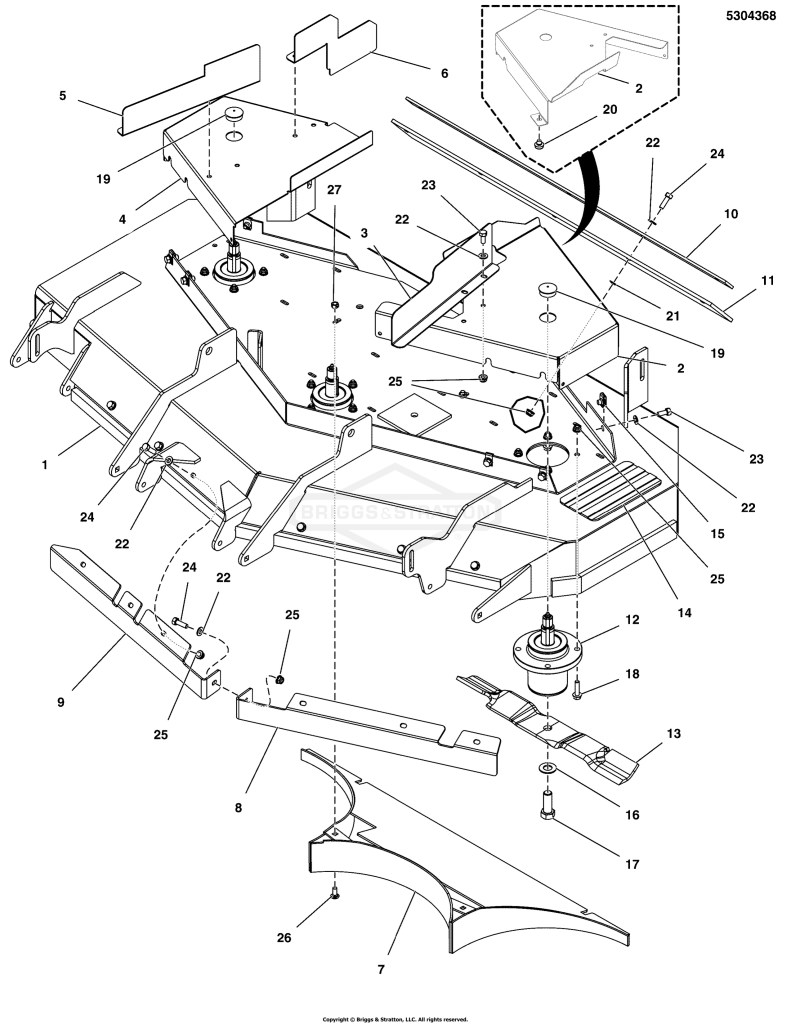 52 Mower Deck - Housing, Covers, Spindles & Blades (Rear Discharge)