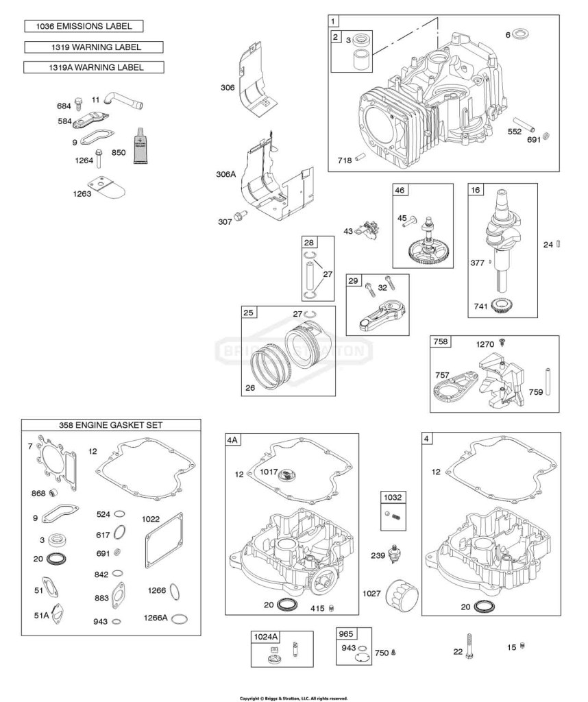 Camshaft, Crankshaft, Cylinder, Engine Sump, Gasket Set - Engine, Operator's Manual, Piston, Rings, Connecting Rod, Warning Label