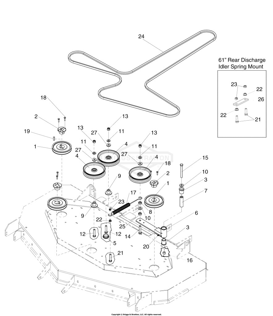 61 & 72 Mower Deck - Pulleys, Belt & Idler Arm - Rear Discharge