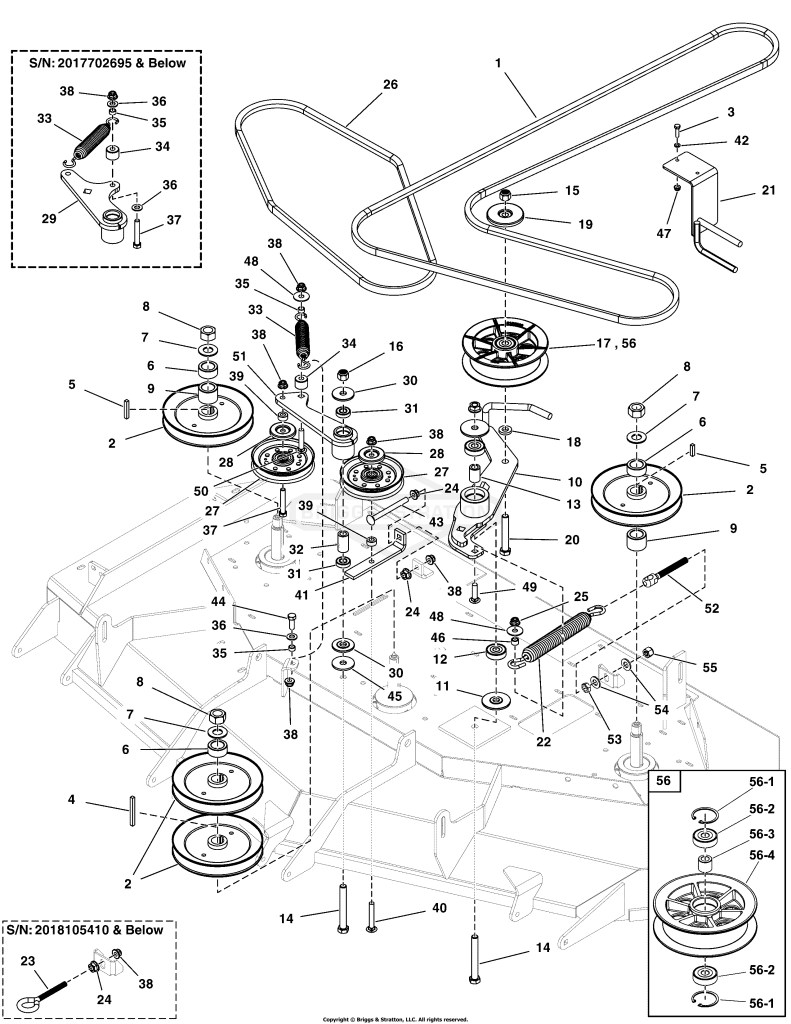 52 Mower Deck Group - Pulleys, Belts & Idler Arms (2 Belt System)