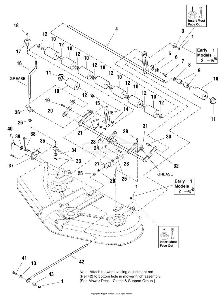 44 Mower Deck - Height Adjustment & Roller Bar Group