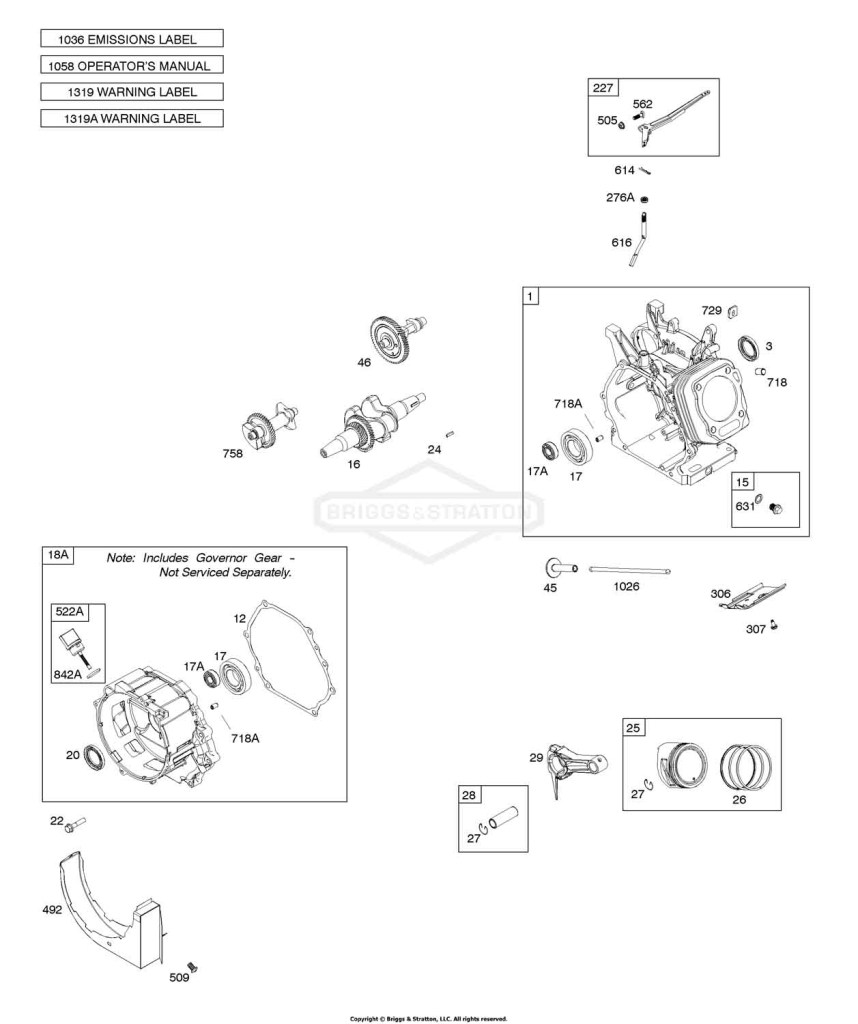 Camshaft, Crankcase Cover, Crankshaft, Cylinder, Exhaust Bracket, Operator's Manual, Piston/Rings/Connecting Rod, Warning Label