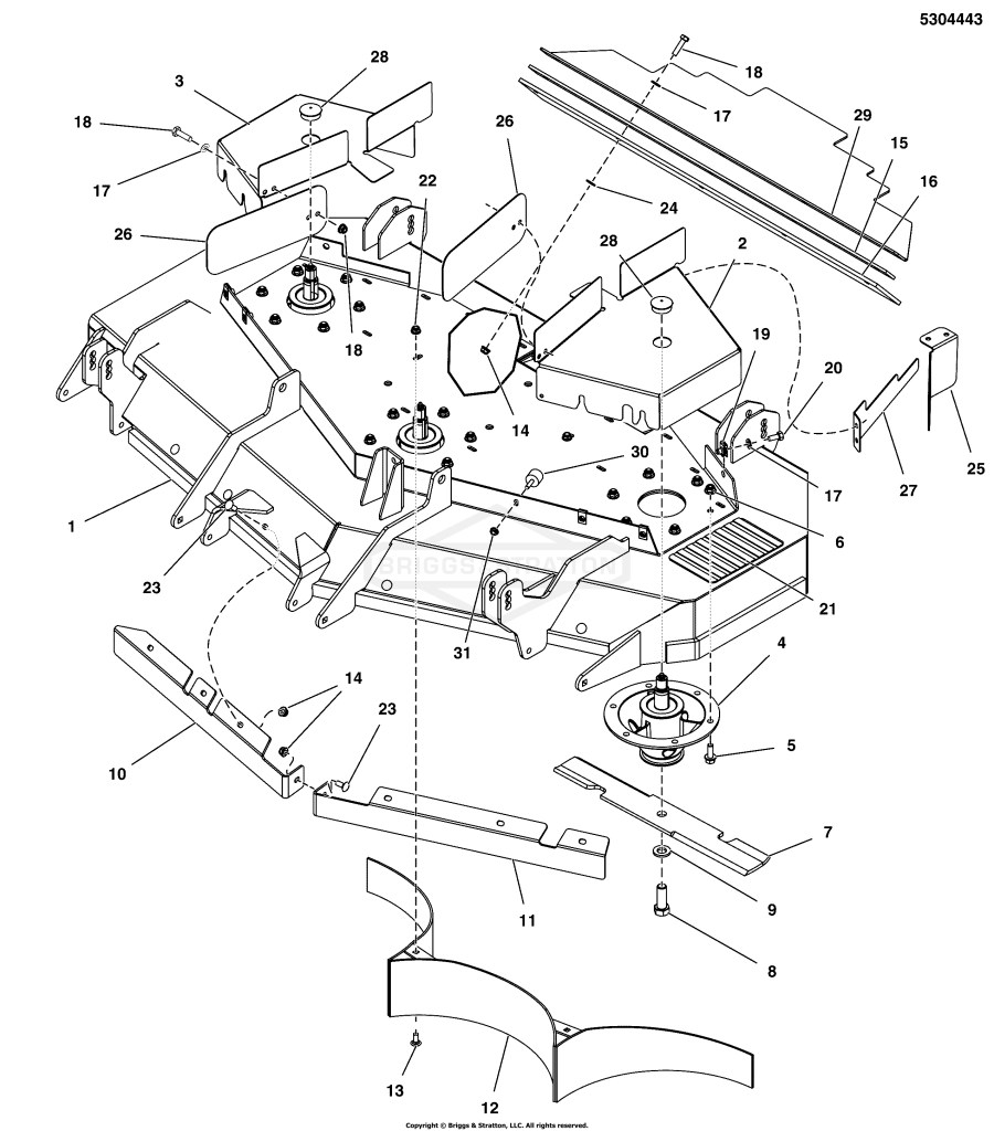 52 Mower Deck Group - Housing, Covers, Spindles & Blades (Rear Discharge)