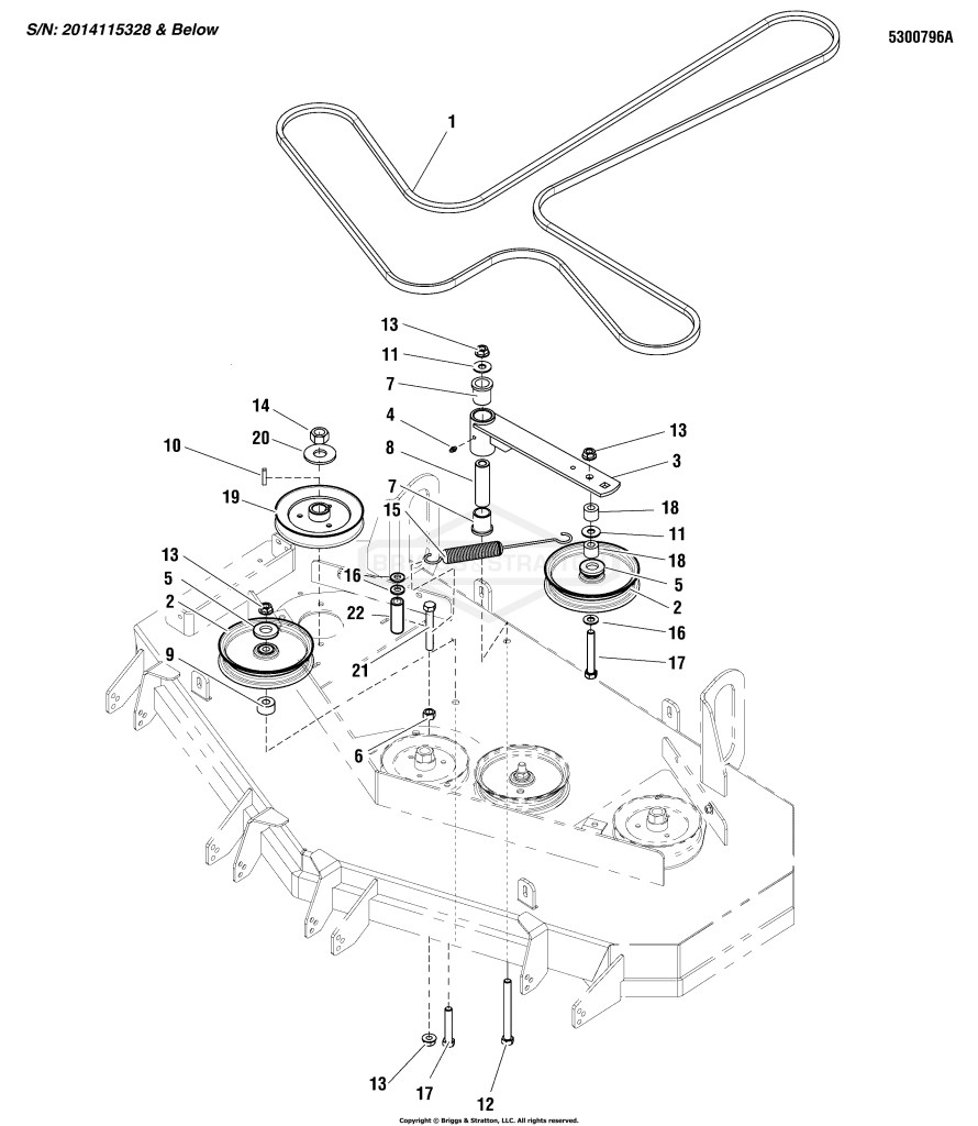 48 Mower Deck - Pulleys, Belt, & Idler Arm - S/N: 2014115328 & Below