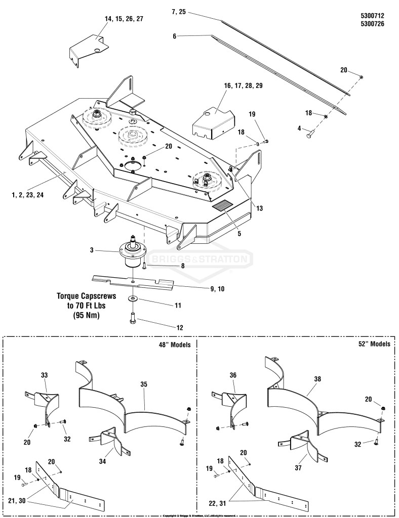 48 & 52 Mower Deck - Housing, Covers, Spindles & Blades (Rear Discharge)
