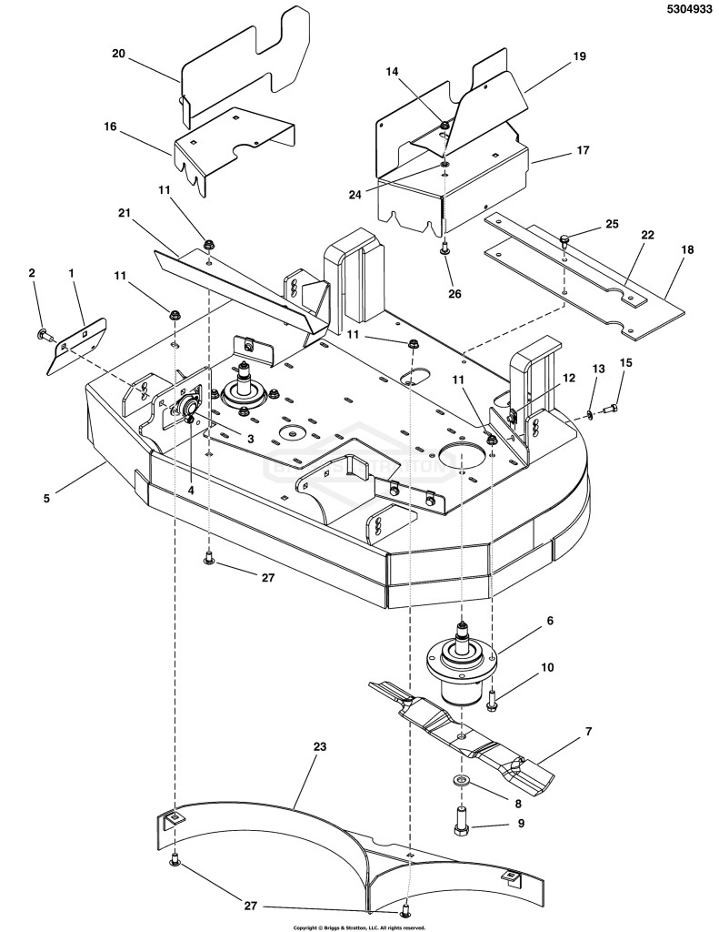 36 Mower Deck - Housing, Covers, Spindles & Blades (Rear Discharge)