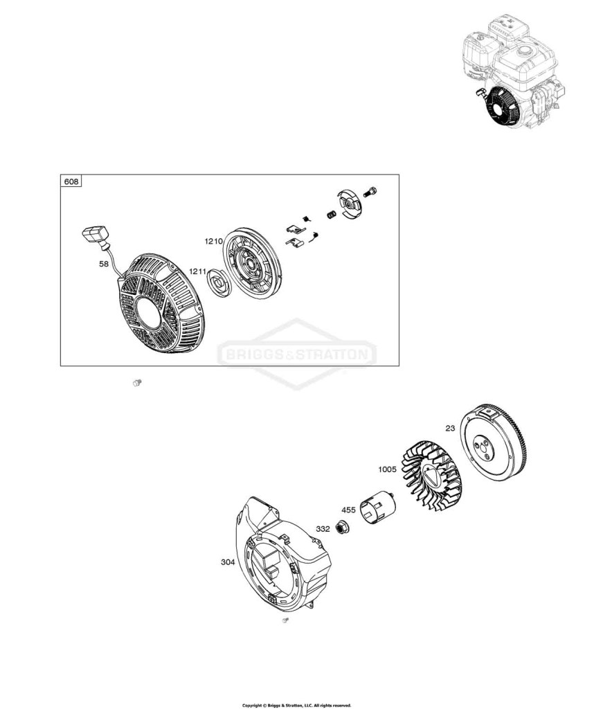 Blower Housing, Flywheel, Rewind Starter