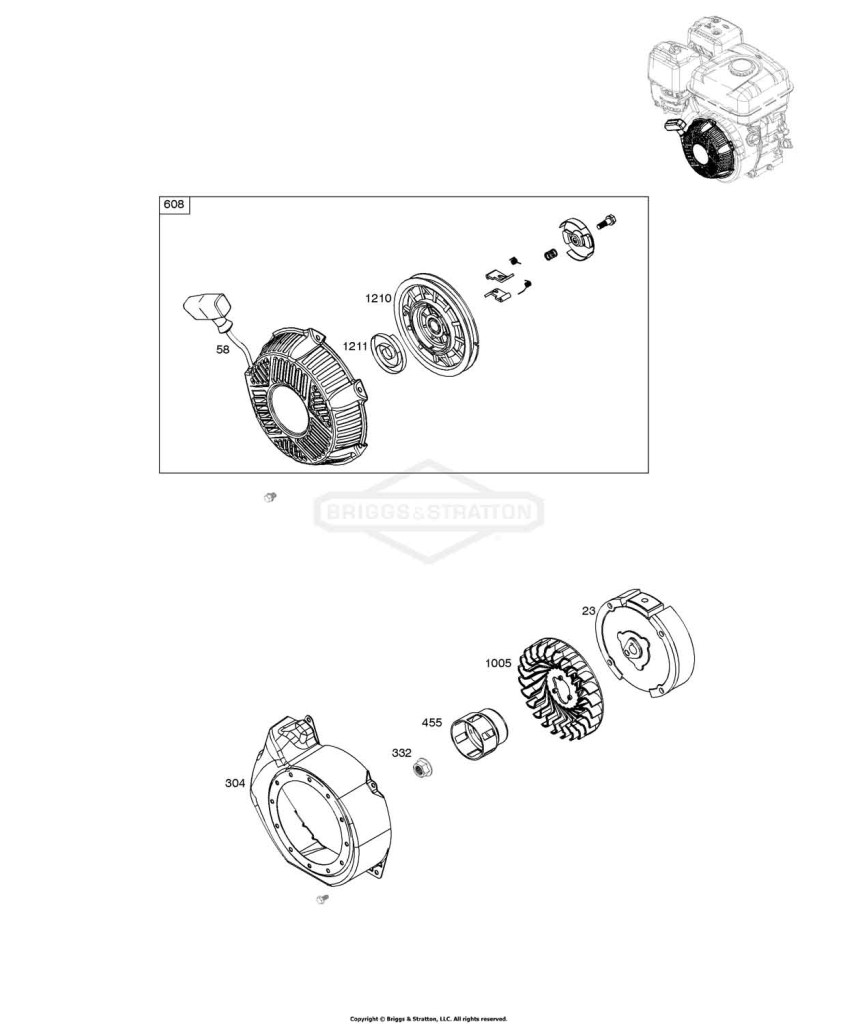 Blower Housing, Flywheel, Rewind Starter
