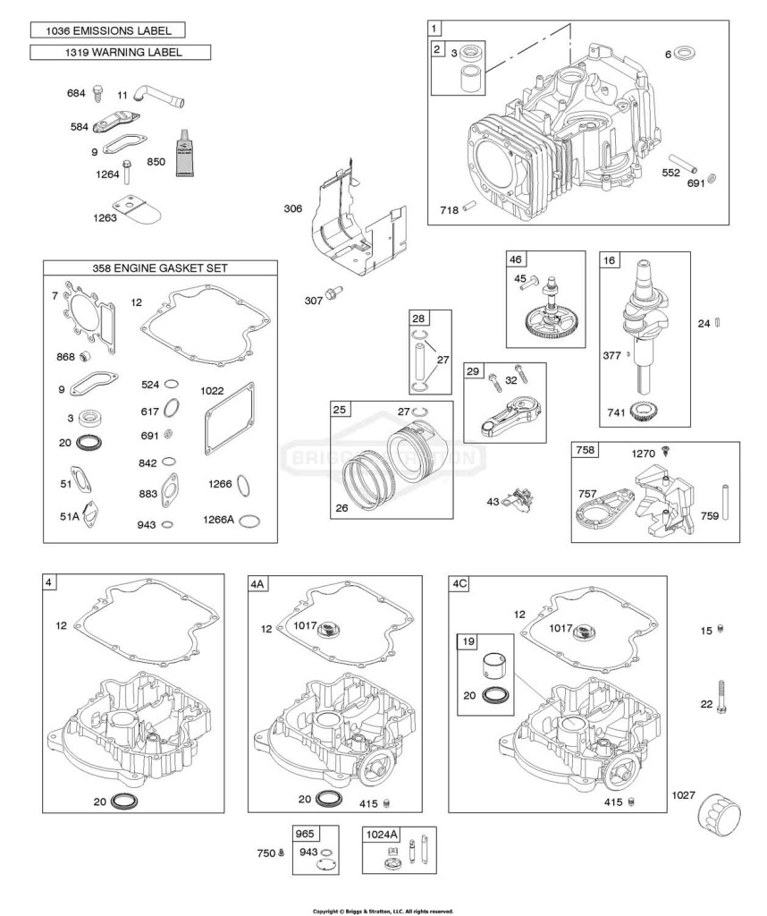Camshaft, Crankshaft, Cylinder, Engine Sump, Gasket Set-Engine, Lubrication, Operator's Manual, Piston, Rings, Connecting Rod, Warning Label