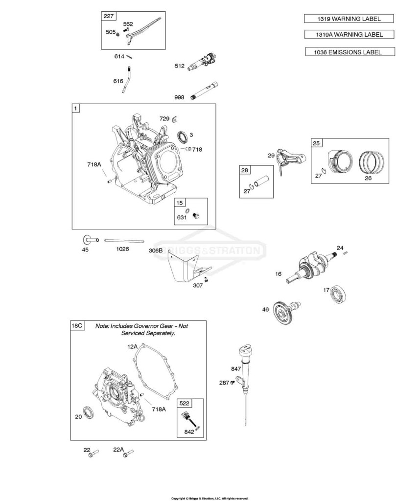 Camshaft, Crankcase Cover, Crankshaft, Cylinder, Lubrication, Operator's Manual, Piston/Rings/Connecting Rod, Warning Label