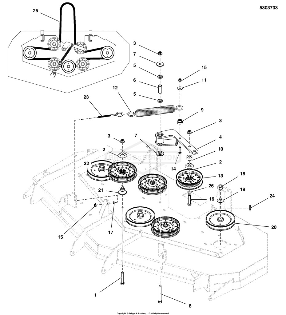61 Mower Deck Group - Pulleys, Belt, & Idler Arm