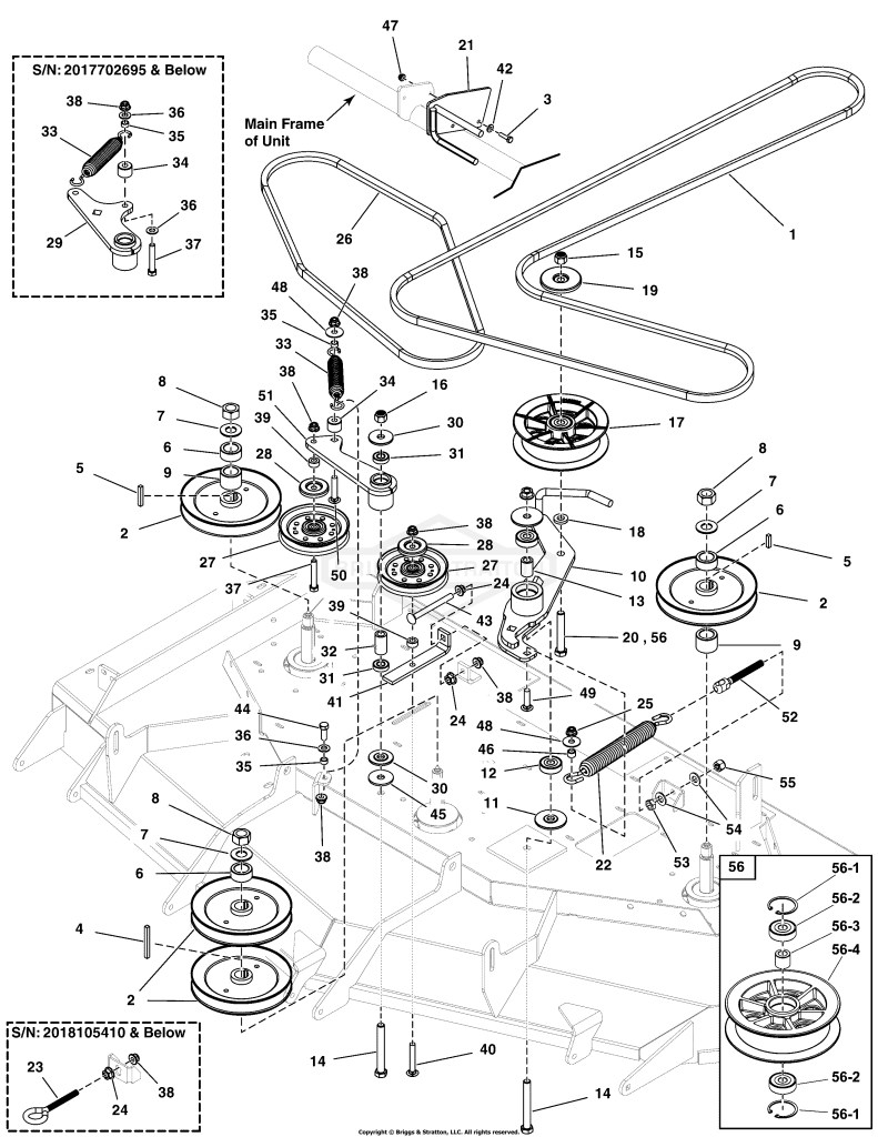 61 Mower Deck Group - Pulleys, Belts & Idler Arms (2 Belt System)